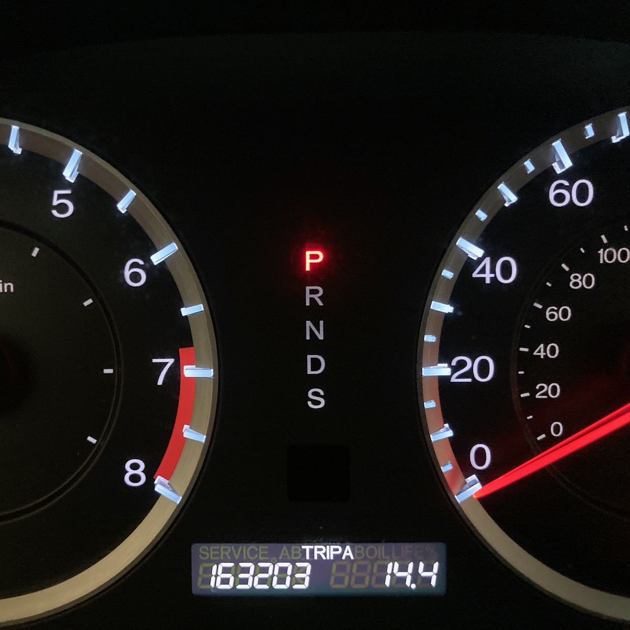 Car odometer reading 163203 TRIP A 14.4