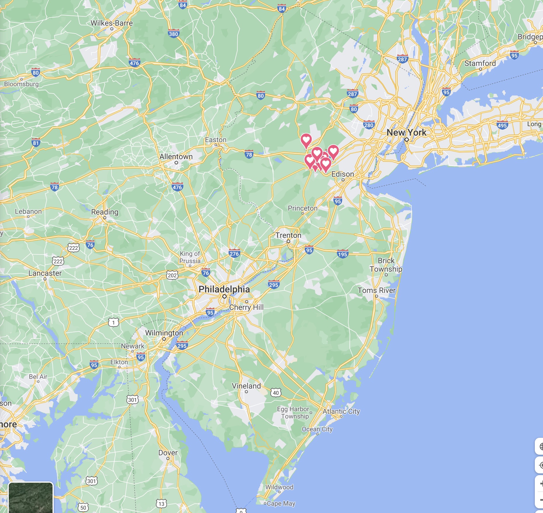 Map of NJ with pins in locations in the center of the state.