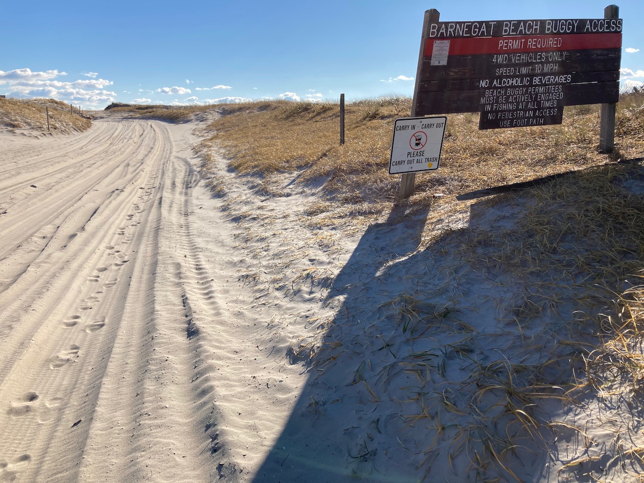 Sand road, with sign beside road that says BARNEGAT BEACH BUGGY ACCESS PERMIT REQUIRED 4WD VEHICLES ONLY SPEED LIMIT 10 MPH.