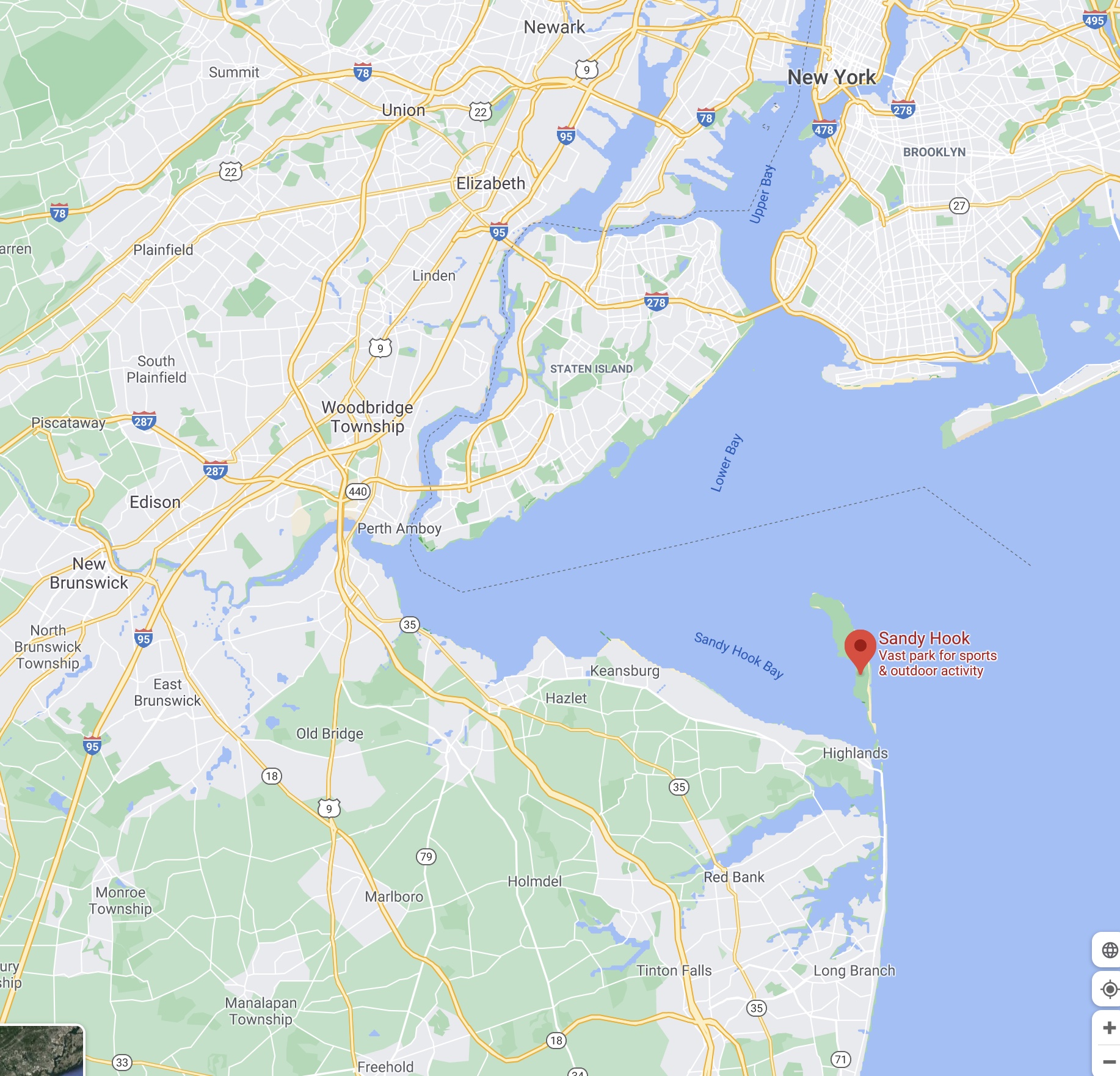 Map of New York City and New Jersey, with red pin in location of Sandy Hook.