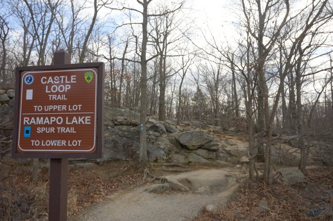 Forest path, with sign that says CASTLE LOOP TRAIL TO UPPER LOT.