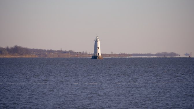 View of Great Beds Light in bay.