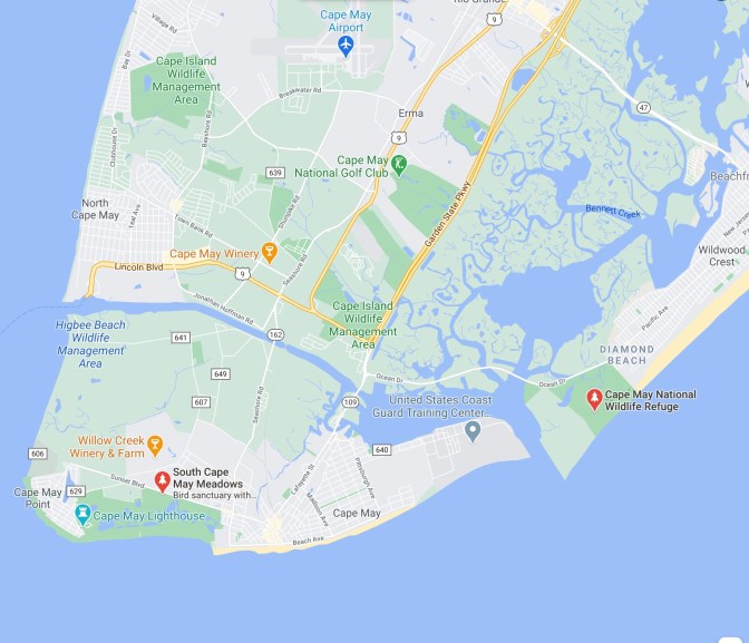 Map of Cape May, with red pin in location of South Cape May Meadows Bird Sanctuary.