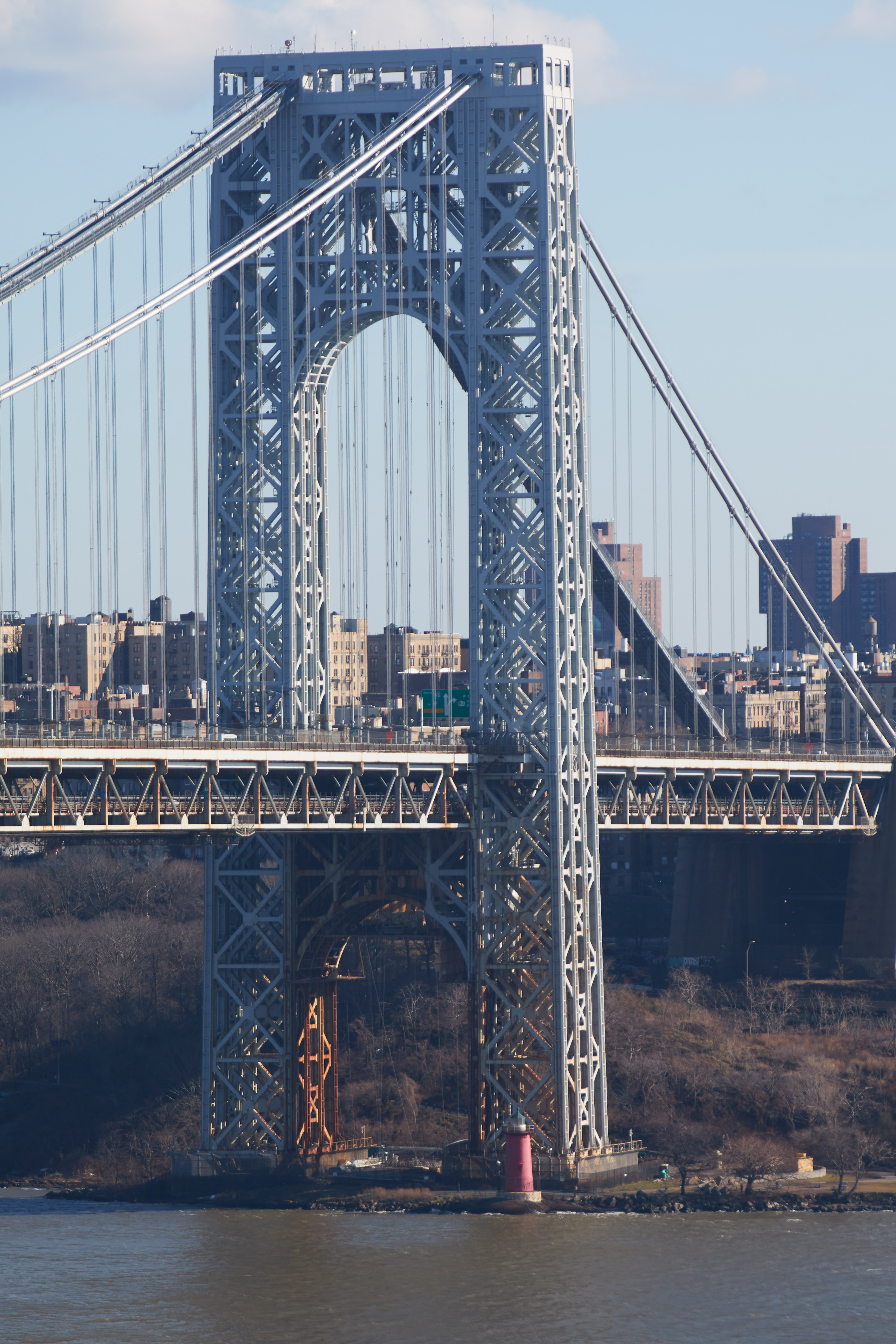George Washington Bridge, with small lighthouse at its base.