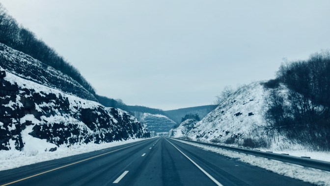 Snow-covered mountain road in Pennsylavnia.