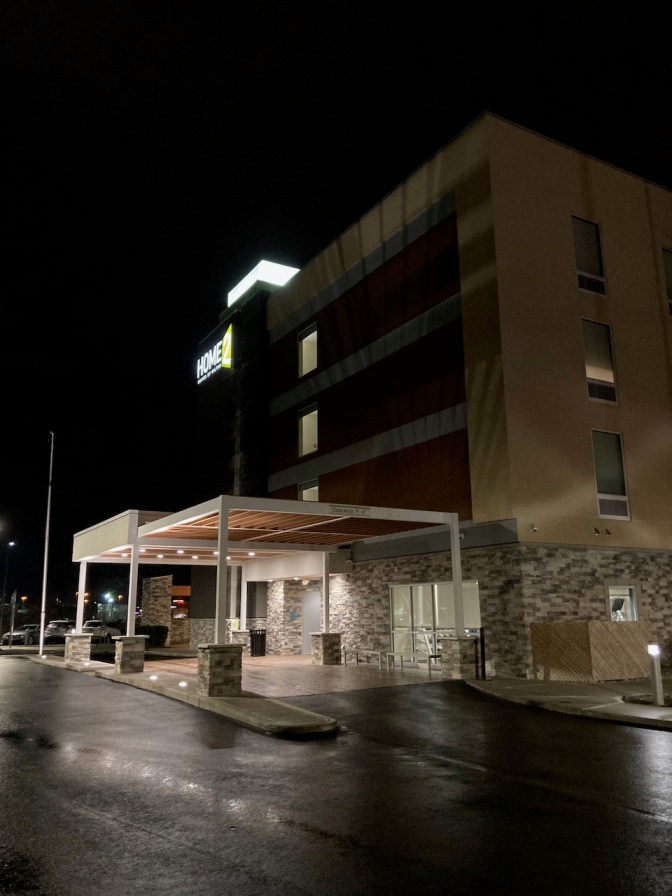 Exterior of Home2Suites hotel in Ohio.