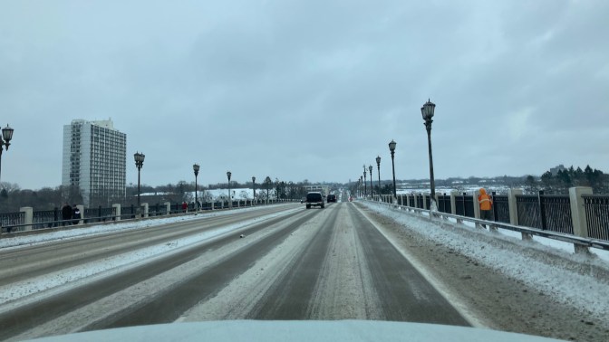 Snow-covered bridge in Minneapolis.