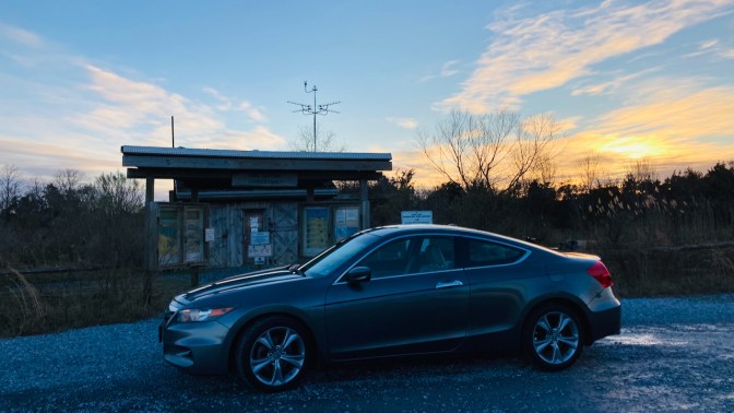 2012 Honda Accord, parked in front of entrance to Cape May Migratory Bird Refuge.
