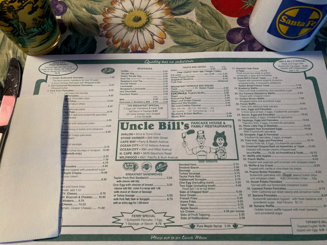 Placemat with menu for Uncle Bill's.