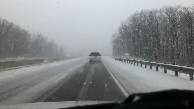 Snow-covered mountain road in Pennsylvania.