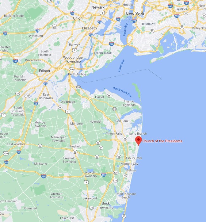 Map with red pin in location of Church of the Presidents