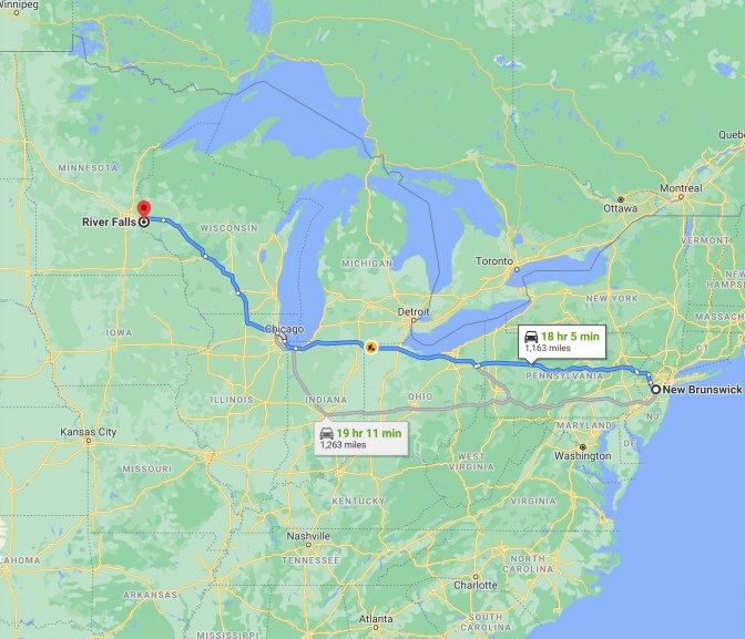 Map of eastern half of United States, with blue route between New Brunswick NJ and River Falls, Wisconsin.