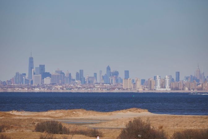 Skyline of Manhattan across Sandy Hook bay.