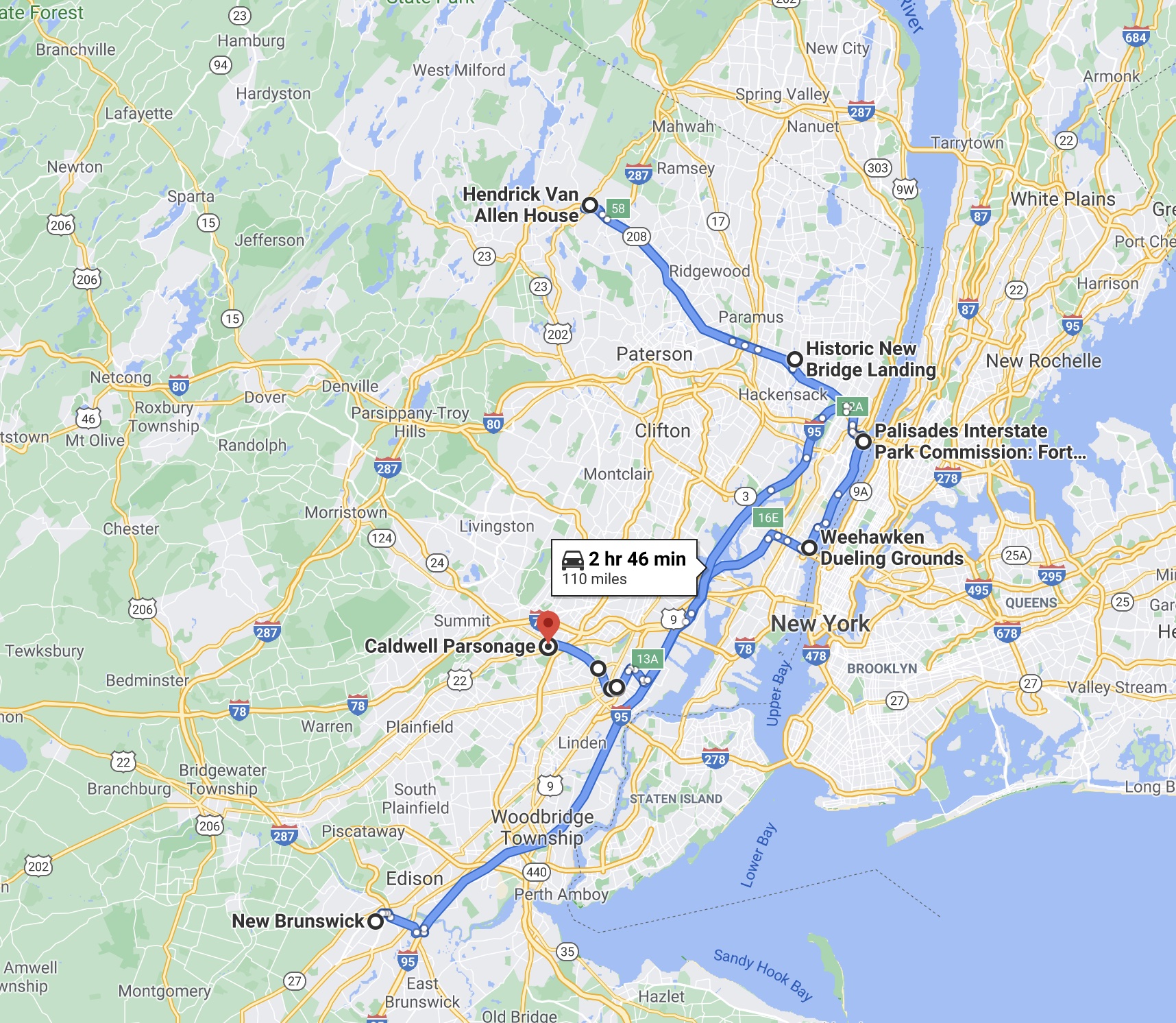 Map of northeastern New Jersey, with a blue route line connecting historic sites in the area.