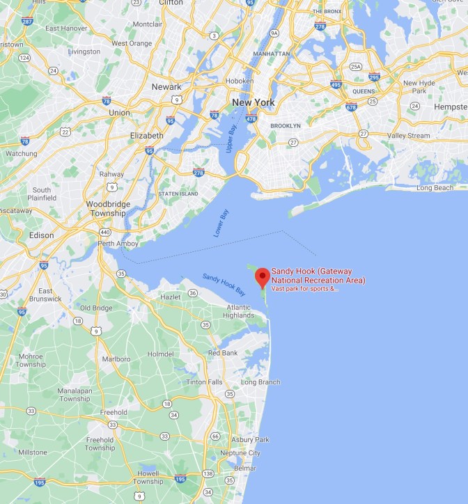 Map of New York and New Jersey with red pin in location of Sandy Hook - Gateway National Recreation Area.