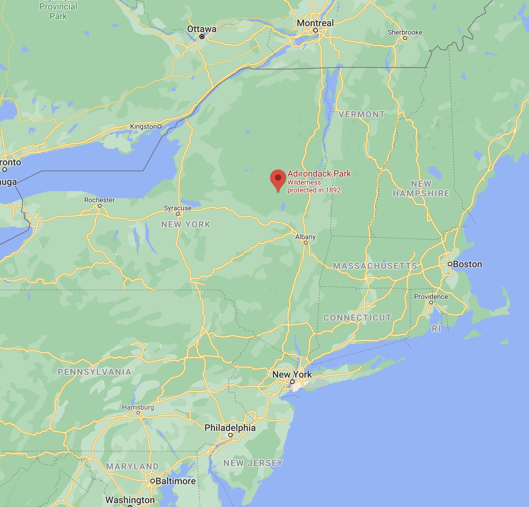 Map of northeastern United States, with red pin in location of Adirondack Park.