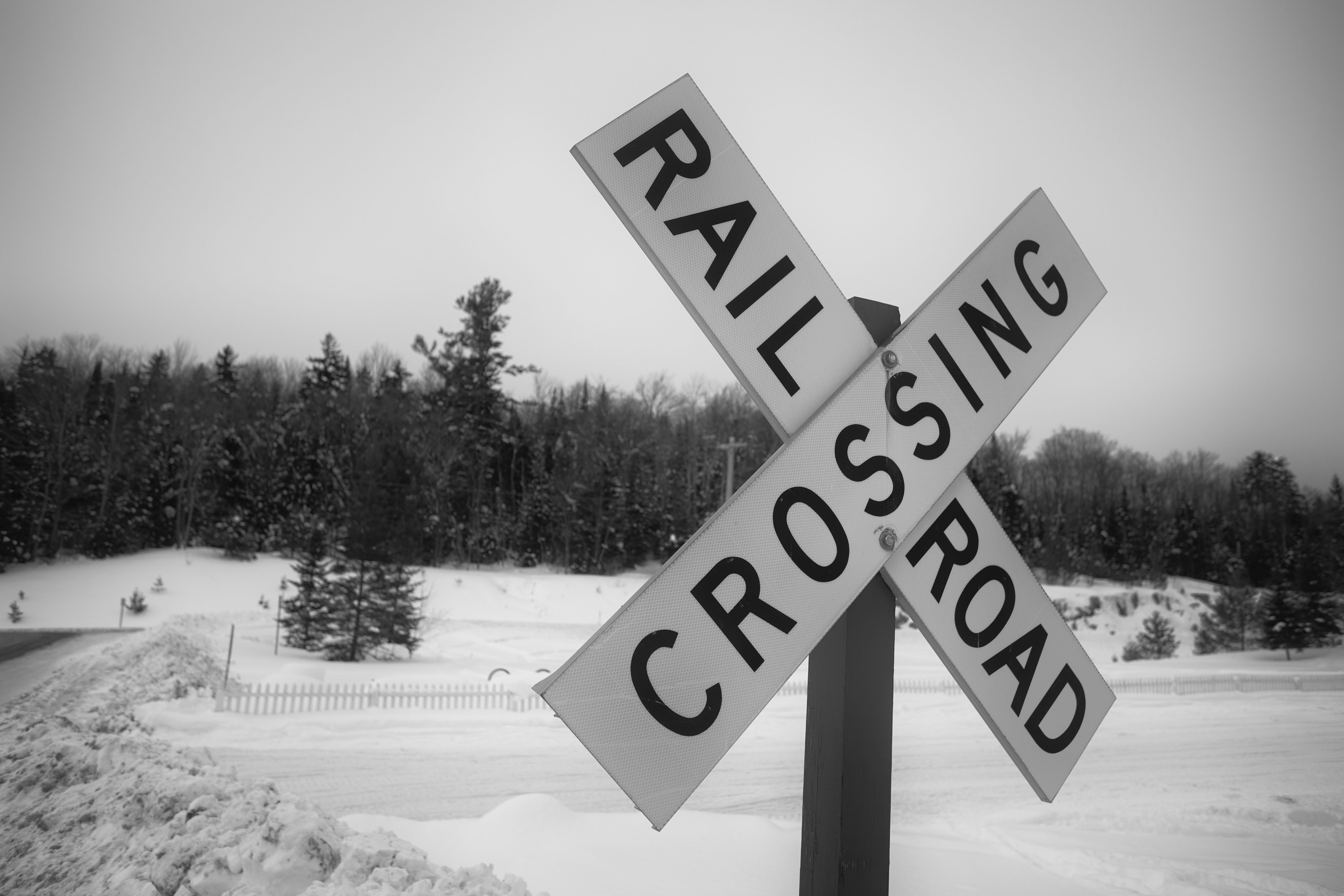 Black and white photo of railroad crossing sign with trees in distance.