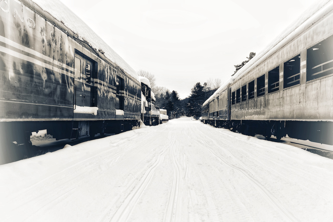 Trains on parallel tracks, covered in snow.