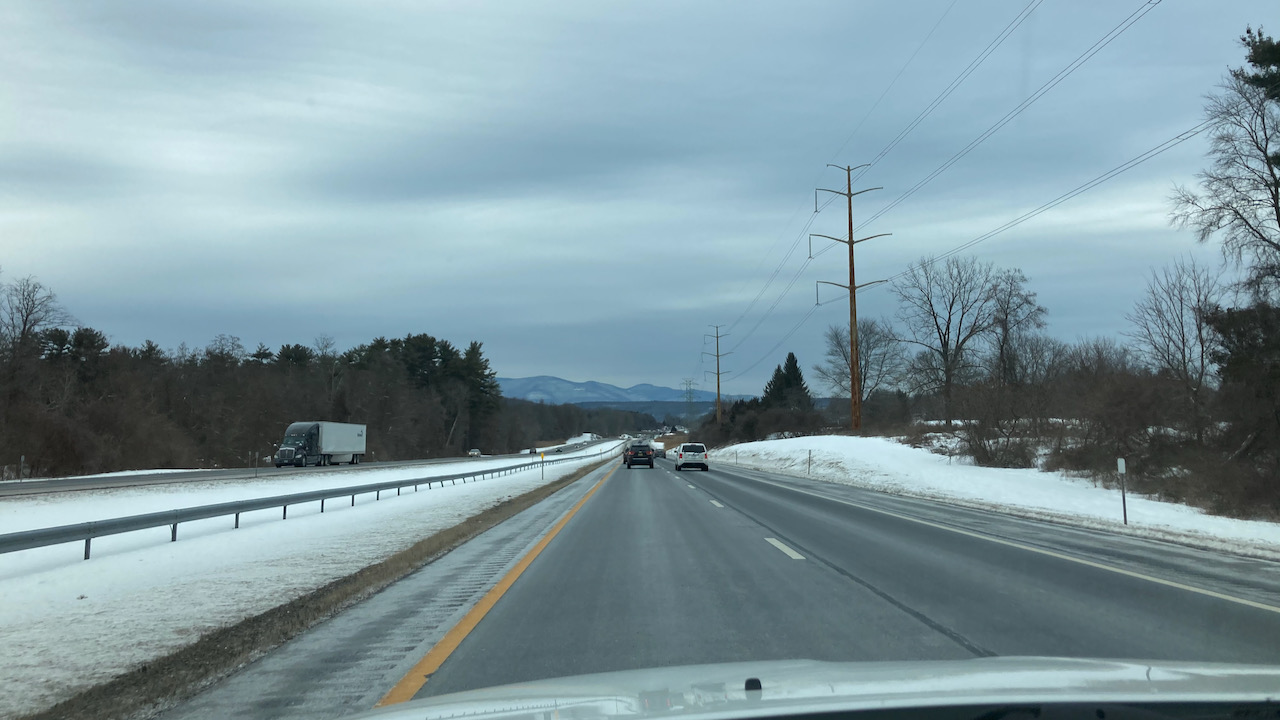 View of snow-lined road on I-287.