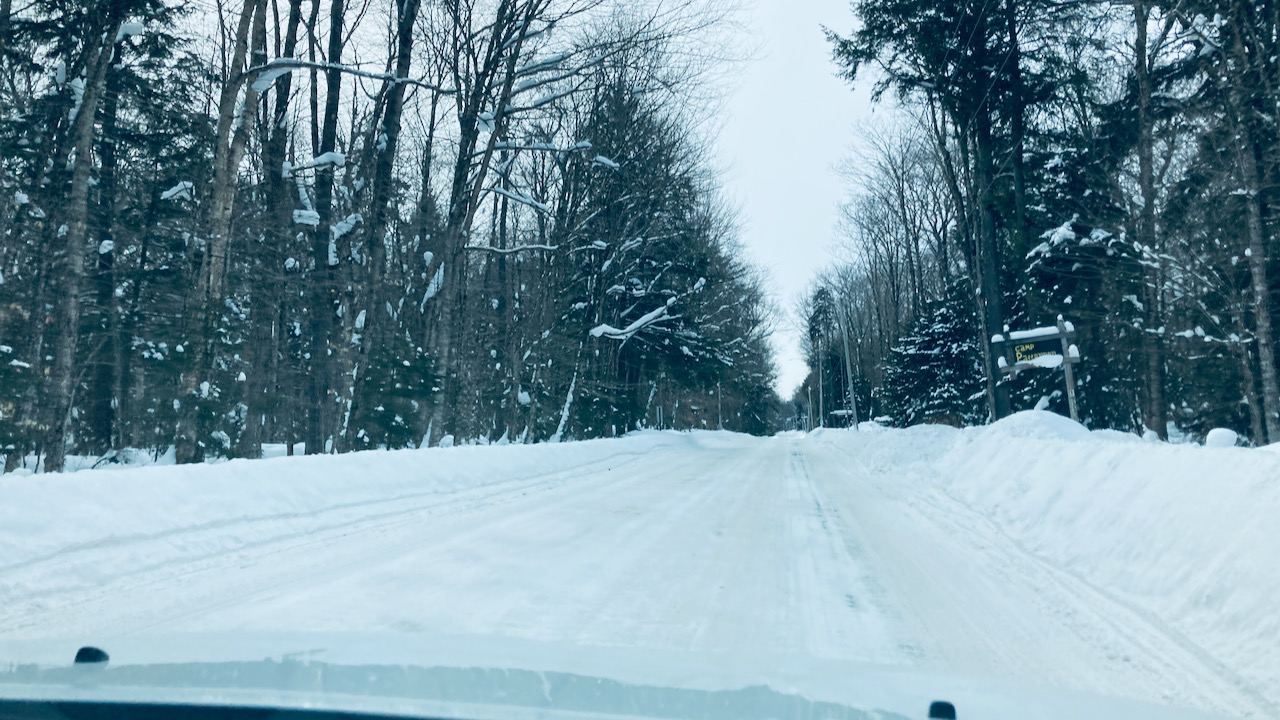 View of South Shore road through car windshield.