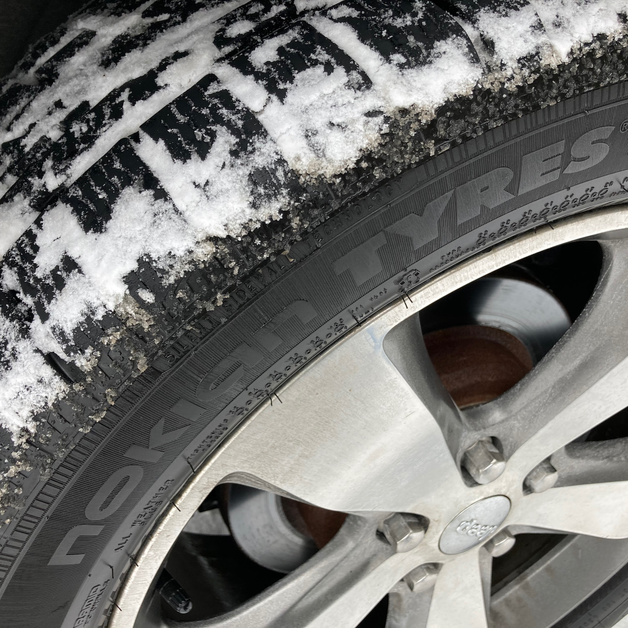 View of snow-covered Nokian WR G4 SUV tires.