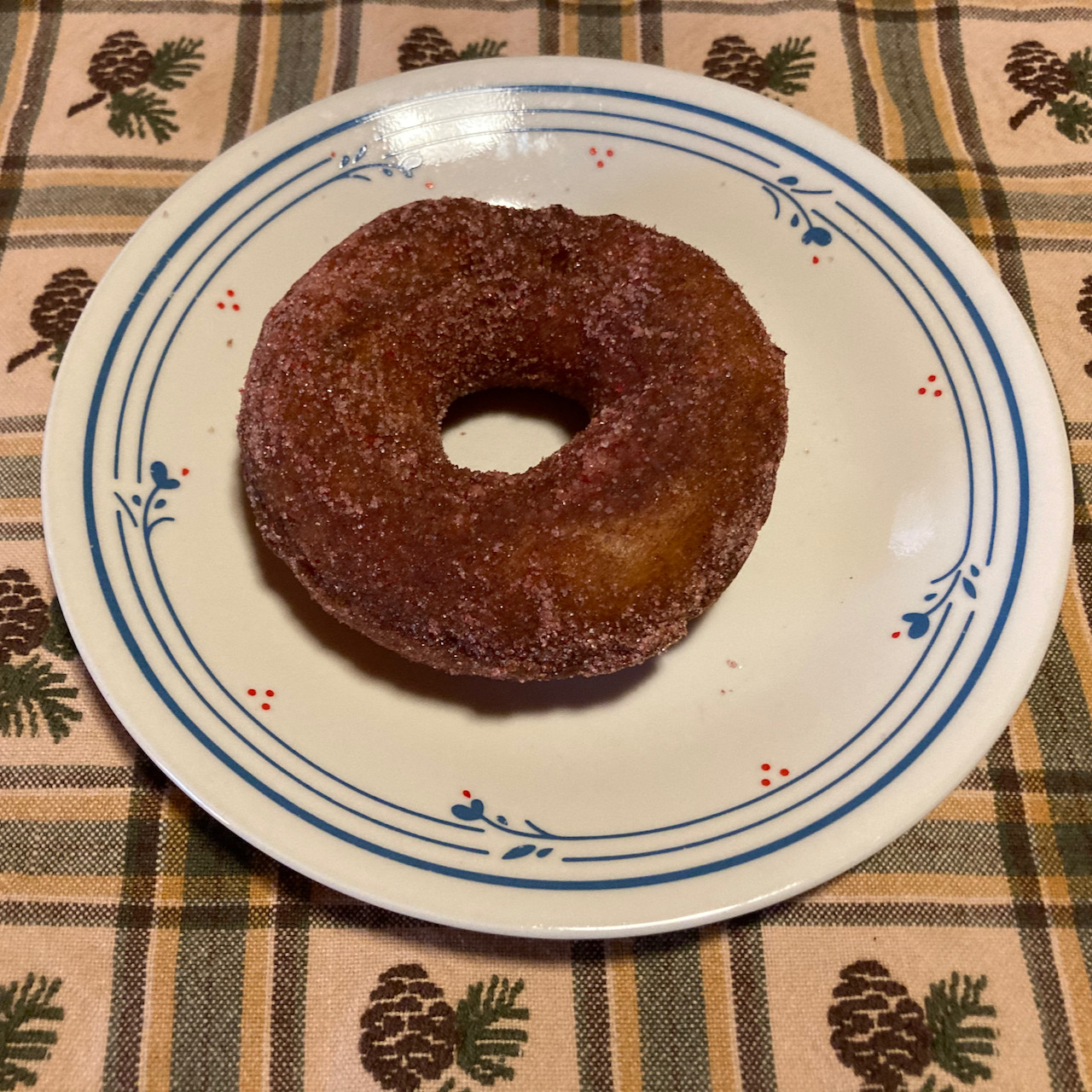Donut on white plate.
