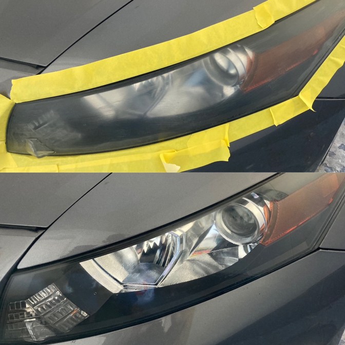 Two-frame photo: top is car headlight, surrounded by masking tape, looking cloudy. Bottom is same headlight, tape removed, and the lens is clear.