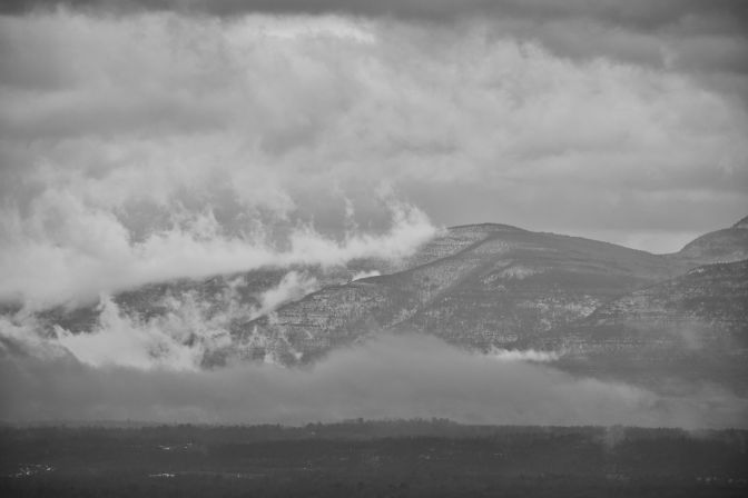 Black and white view of Catskill mountains.