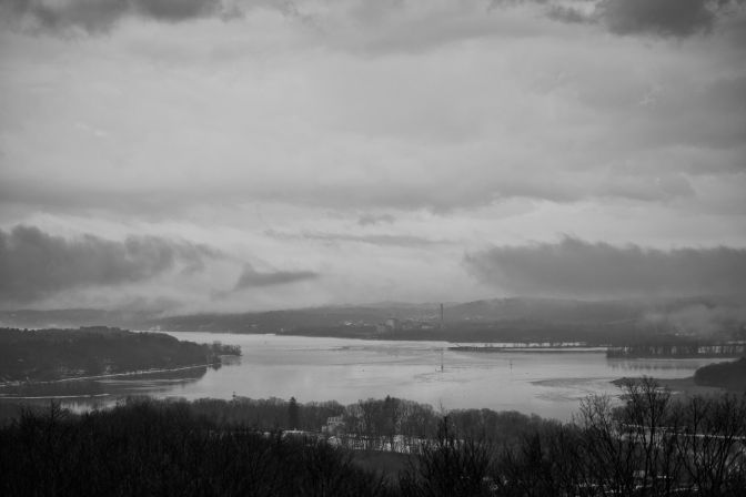View of Hudson River in black and white.