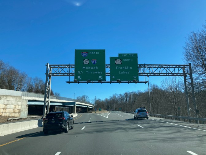Road signs above I-287 in New Jersey.