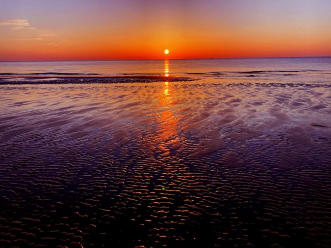 Sunset over beach at low tide.