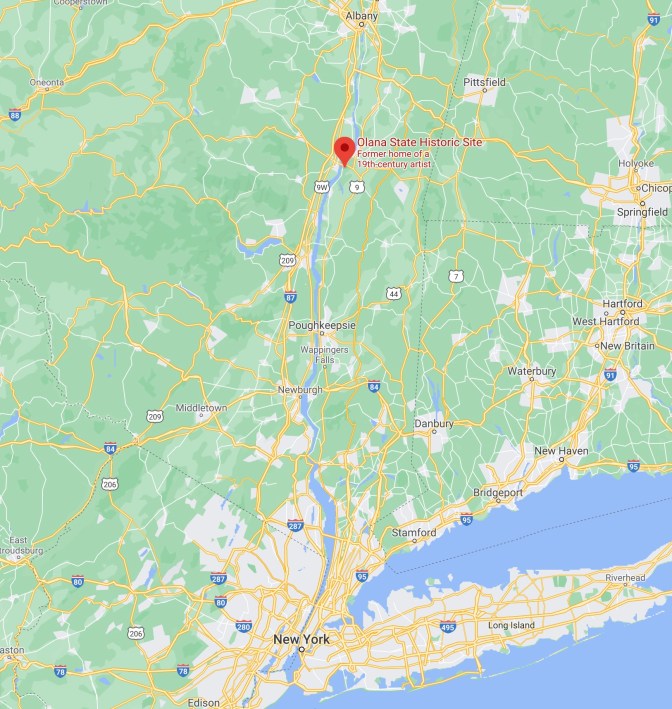 Map of New York, with red pin in location of Olana State Historic Site.