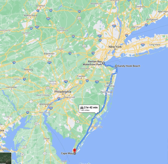 Map of New Jersey, with highlighted locations of Raritan Bay Waterfront Park, Sandy Hook Beach, and Cape May.