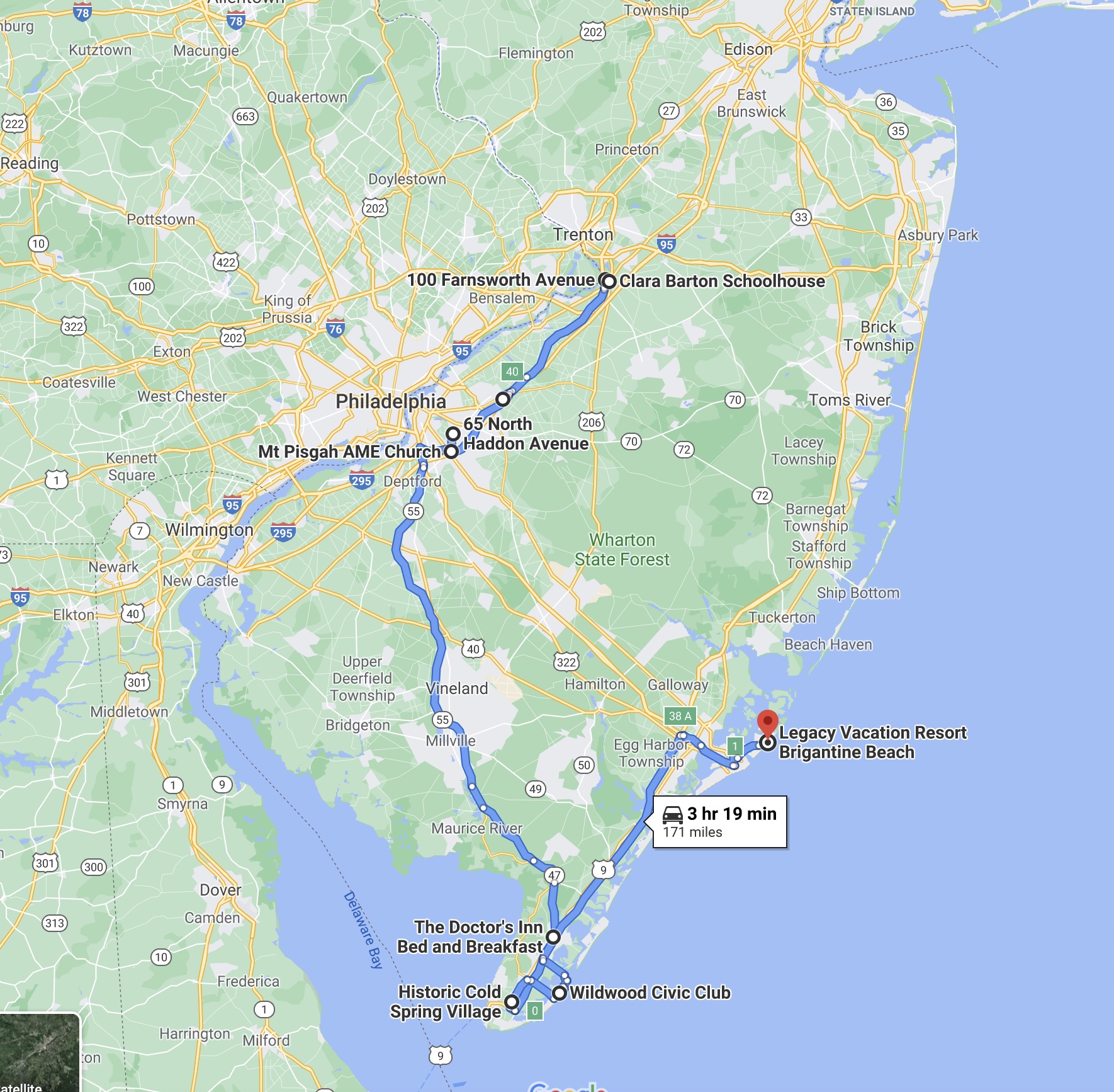 Map of route to several locations on Women’s Heritage Trail in New Jersey.