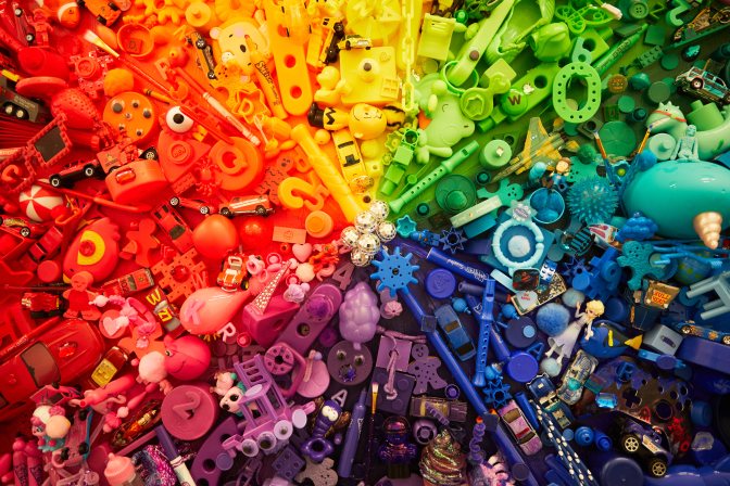 Color wheel filled with toys in each color.
