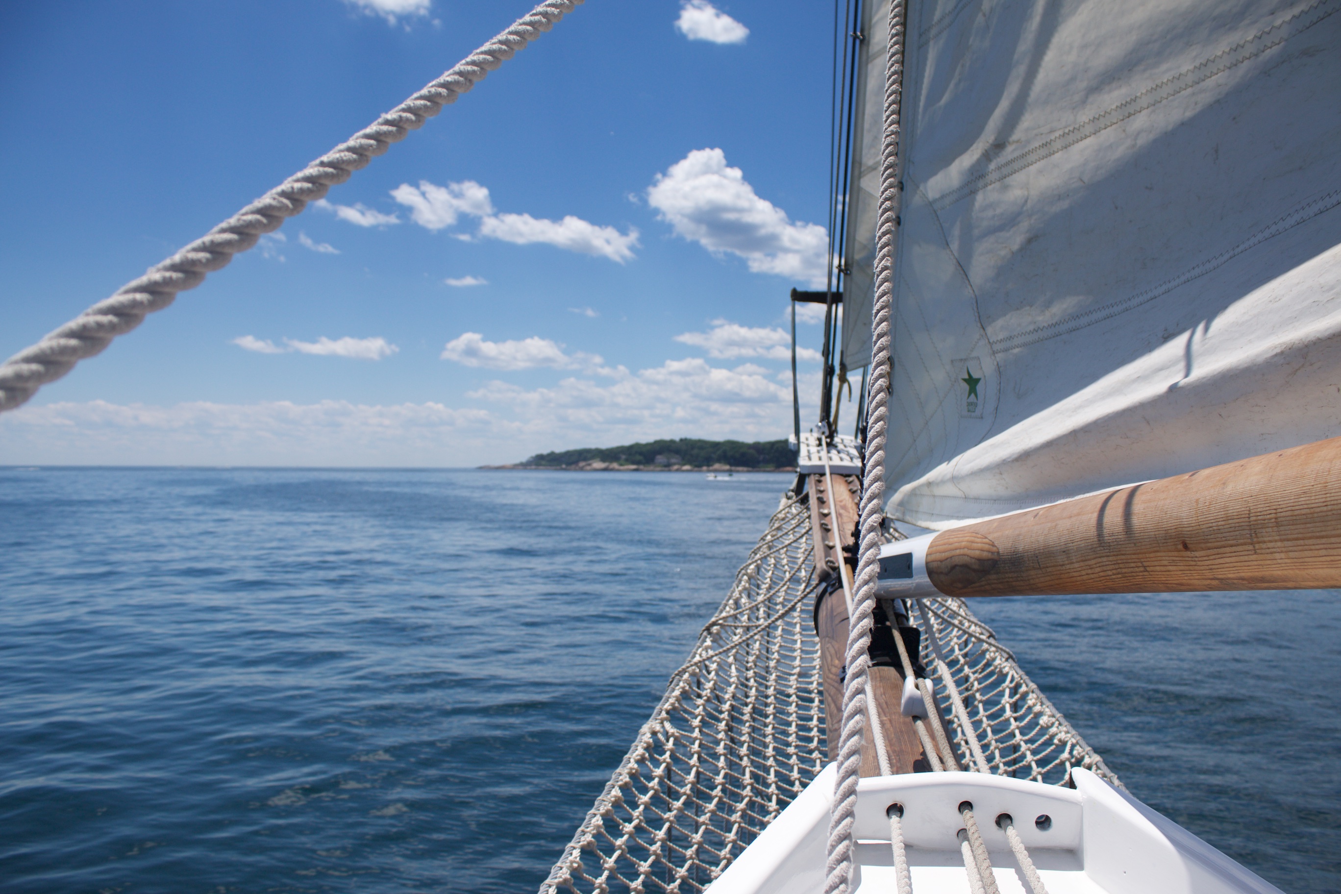 Bow of schooner at sea.