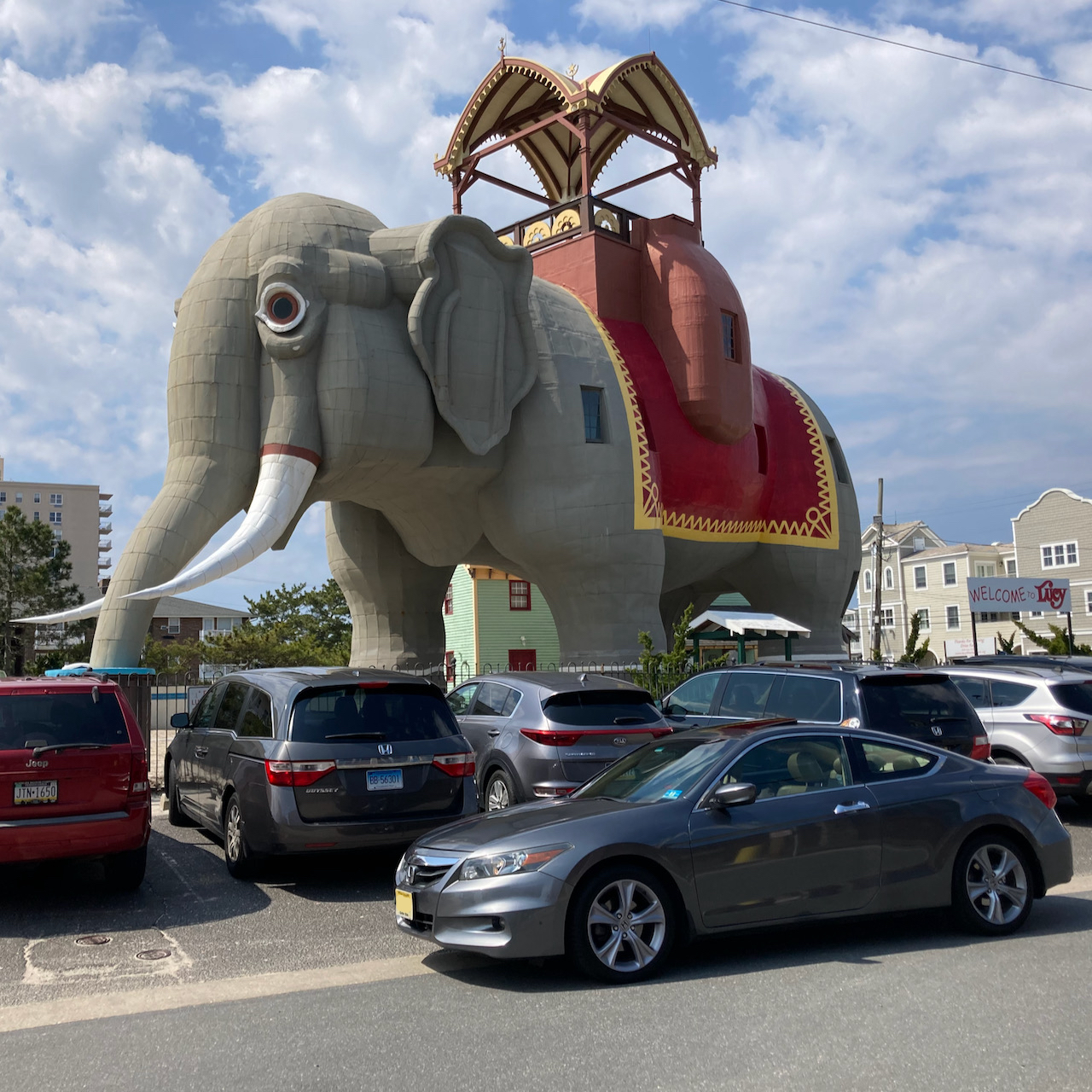 Lucy the Elephant, with a 2012 Honda Accord coupe parked in front of it.