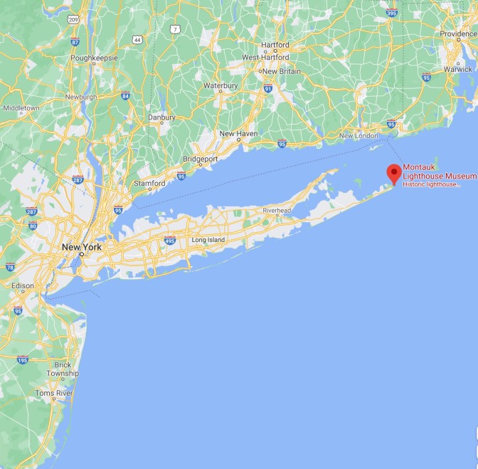 Red pin on eastern tip of Long Island, with words indicating Montauk Lighthouse Museum.