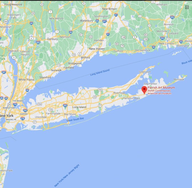 Map of Long Island, with pin in location of Parrish Art Museum.