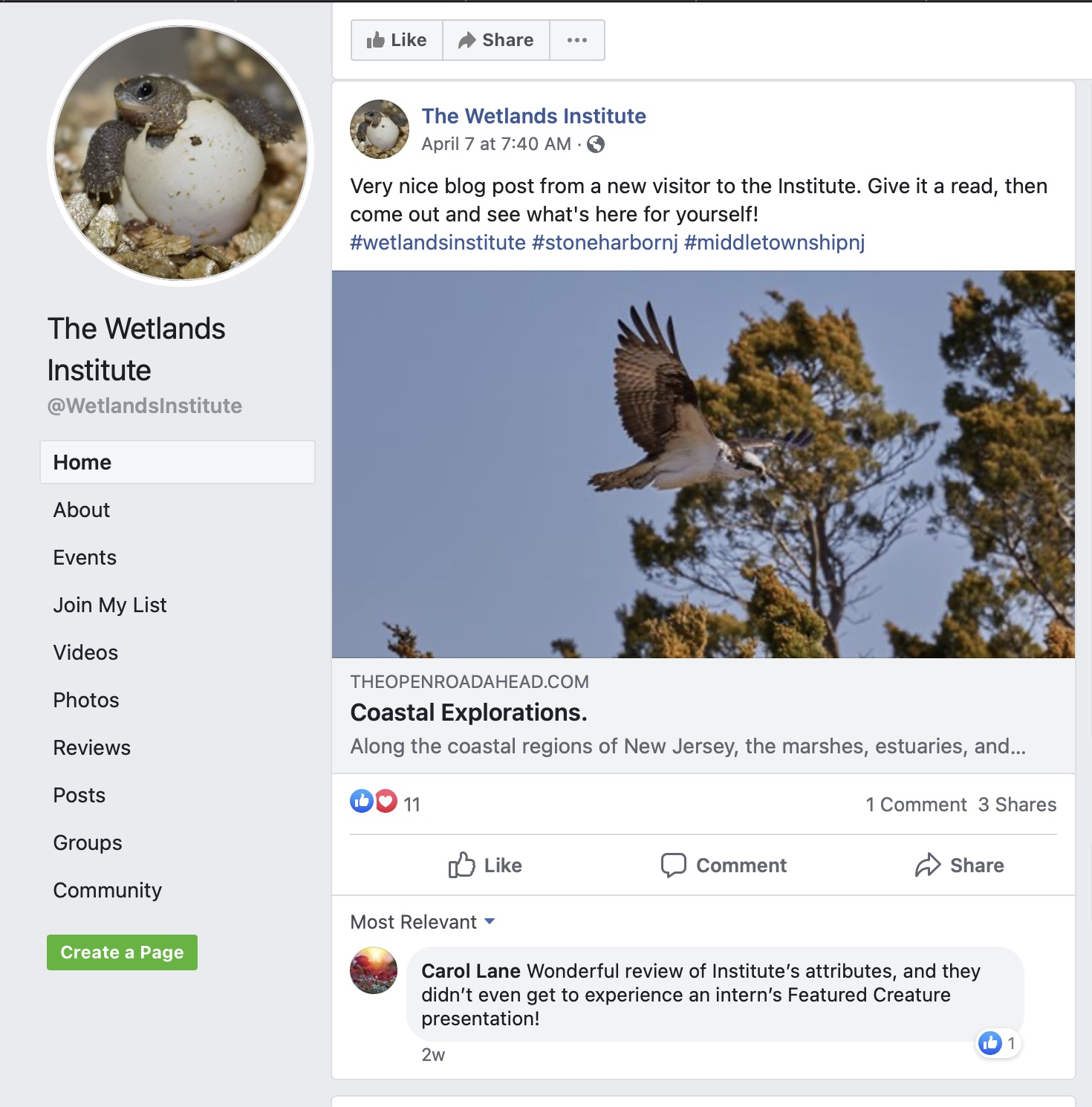 Screenshot of Facebook page showing post.