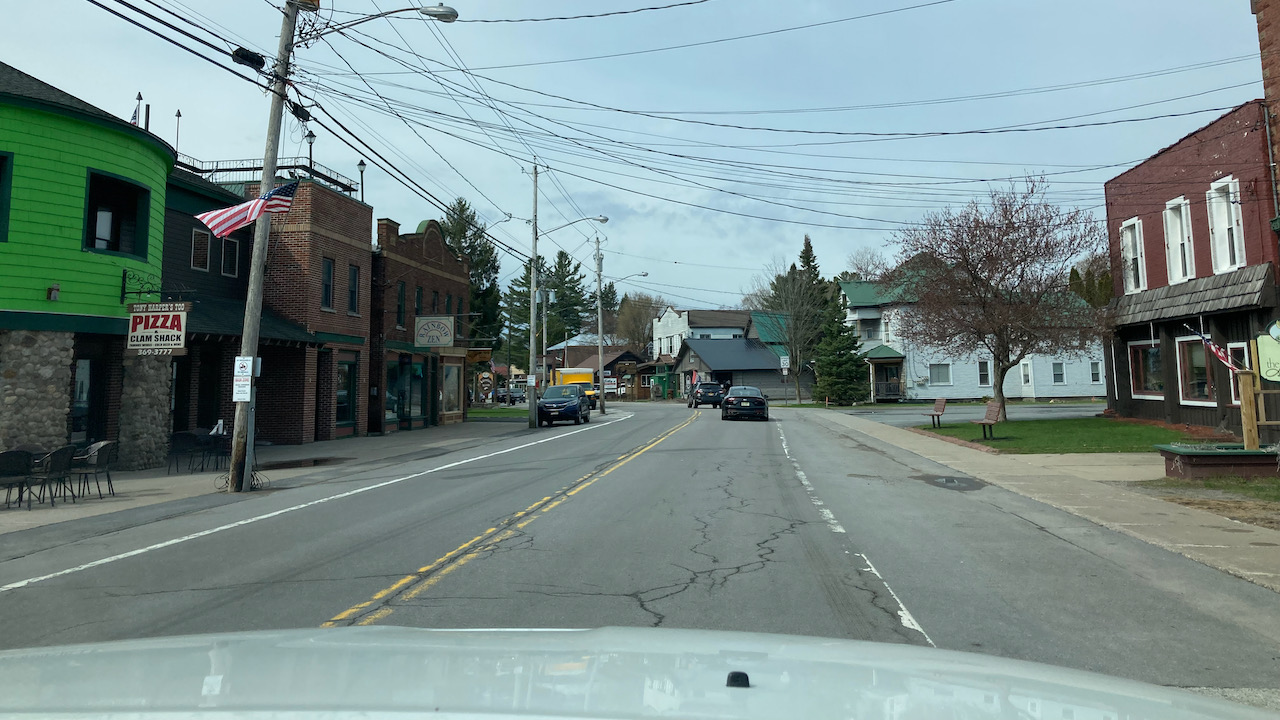 View of nearly-empty downtown Old Forge.