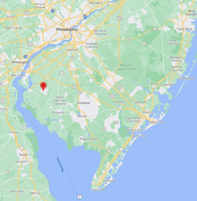 Map of southern New Jersey, with red pin in location of Alloway Lake.