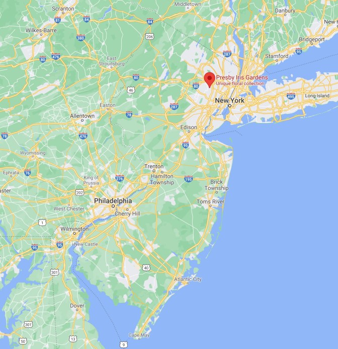 Map of New Jersey with red pin in Presby Iris Gardens in Montclair.