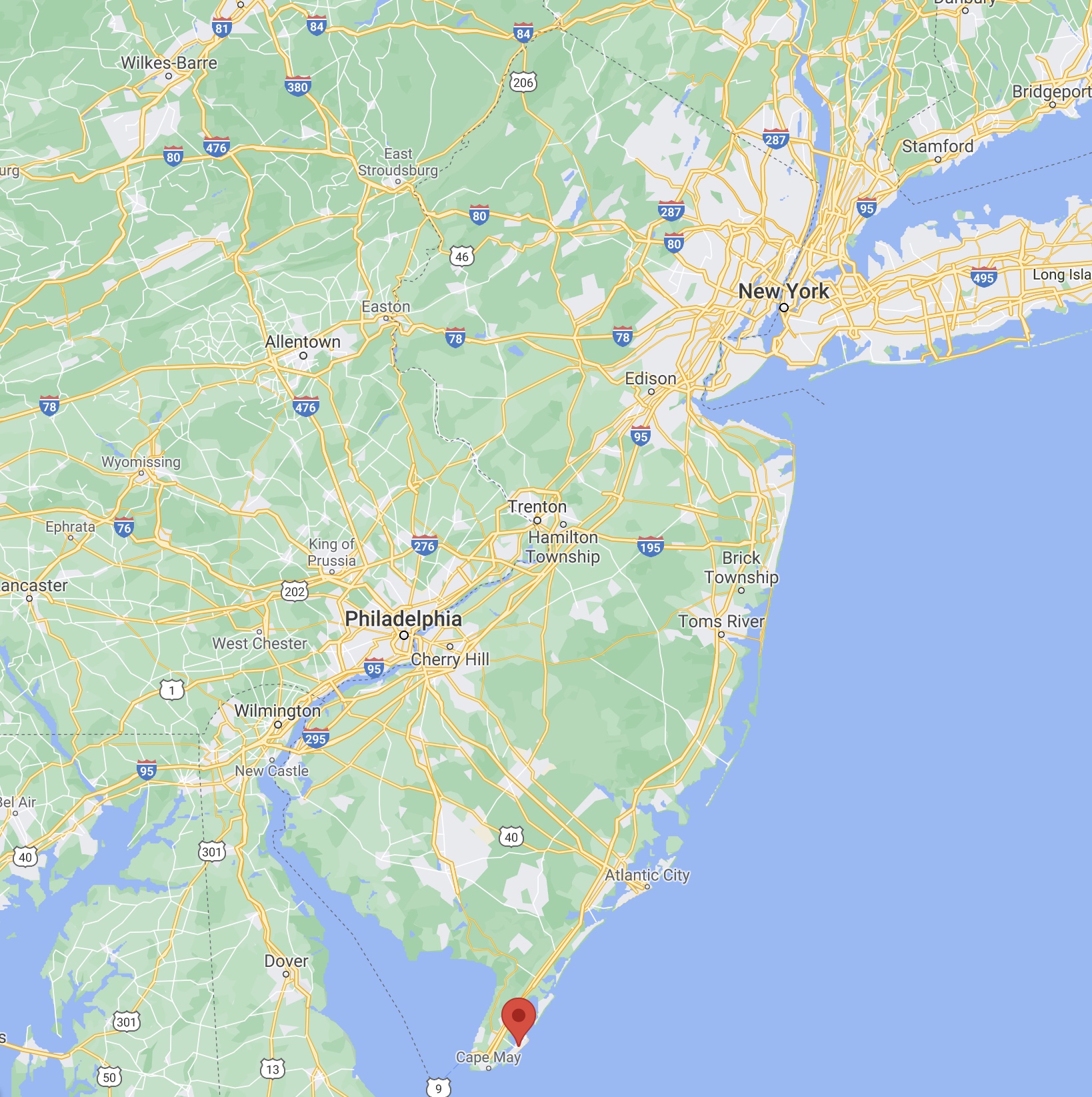 Map of New Jersey with red pin in location of Wildwood.