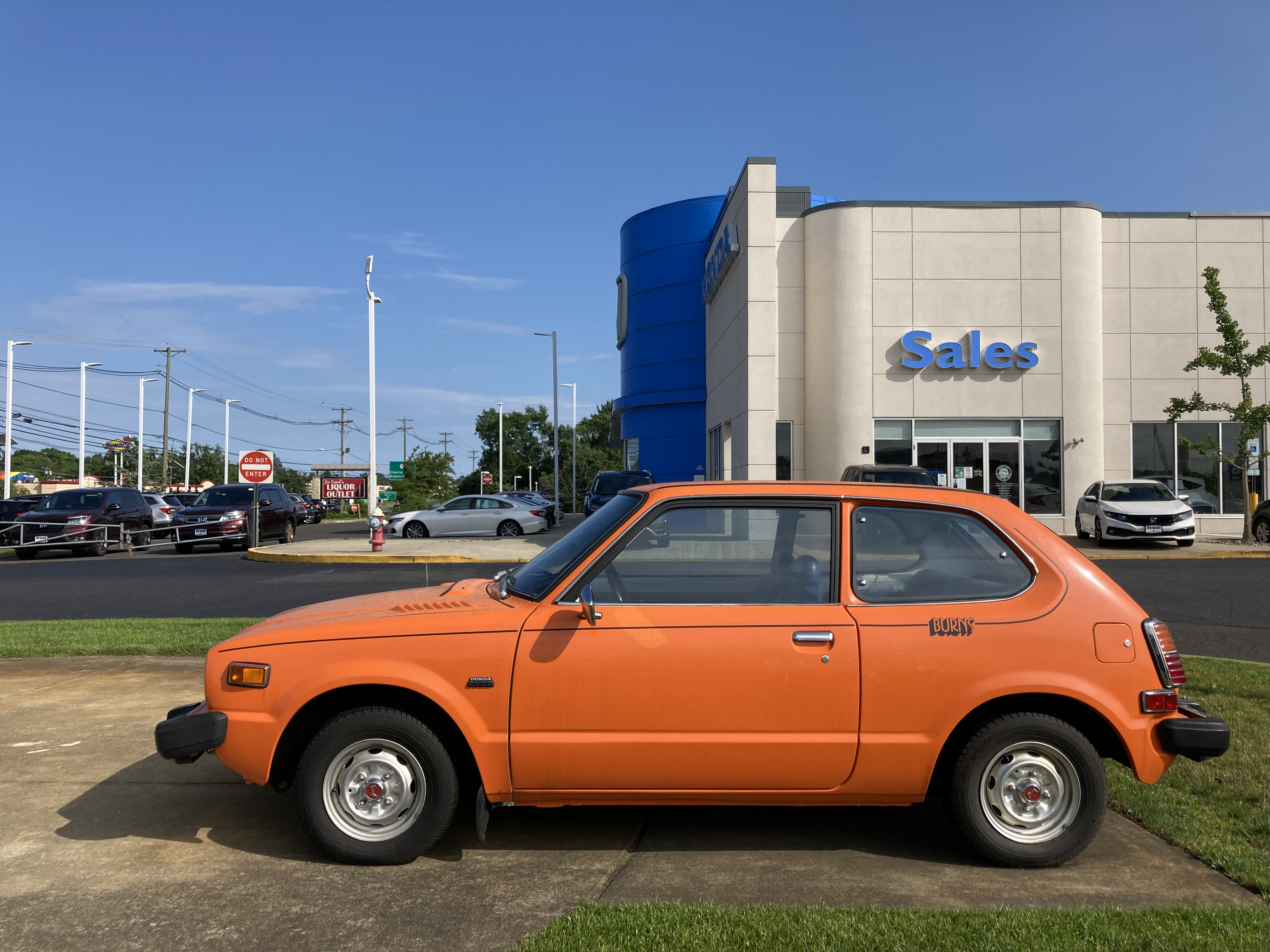 First-generation Honda Civic parked outside of Burns Honda.