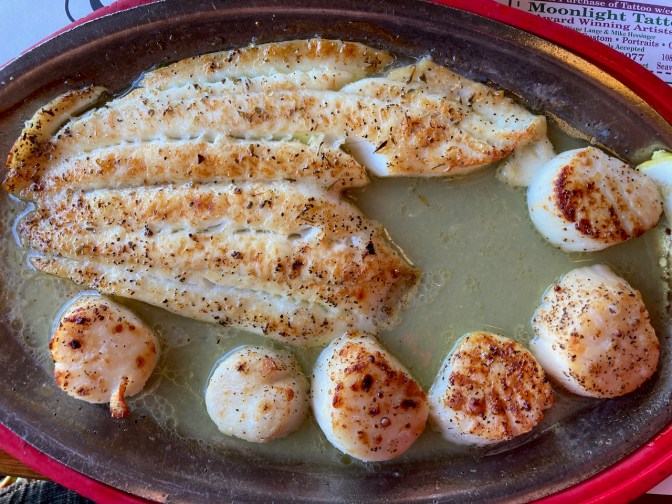 Flounder and scallops.