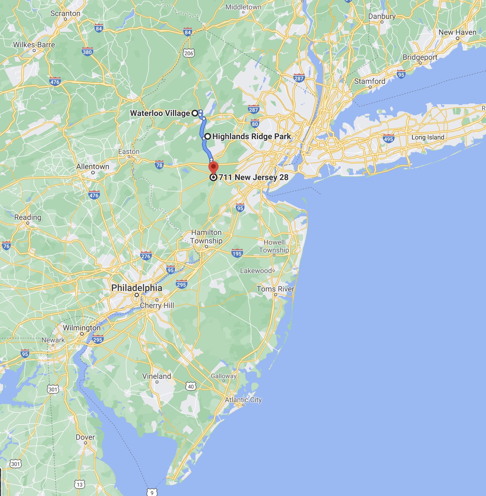 Map of New Jersey, with red pins in locations of Waterloo Village, Highlands Ridge Park, and 711 New Jersey 28
