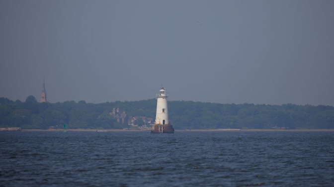 View of Great Beds Light across Raritan Bay.