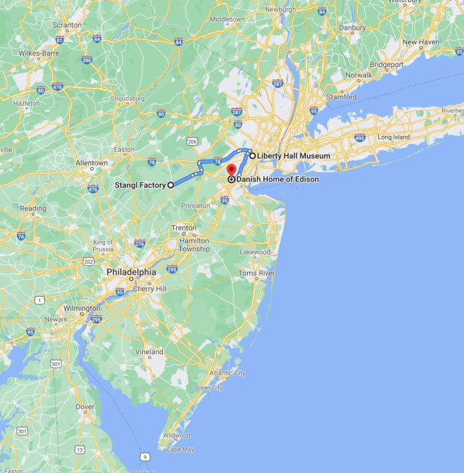 Map of New Jersey, with pins in location of Stangl Factory, Liberty Hall Museum, and Danish Home of Edison