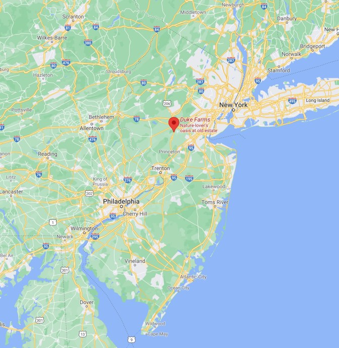 Map of NJ with red pin in location of Duke Farms.